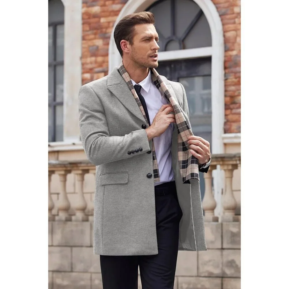 Men's Wool Blend Coat Detachable Plaid Scarf Notched Collar Pea Coat Light Grey - Picture 2 of 6